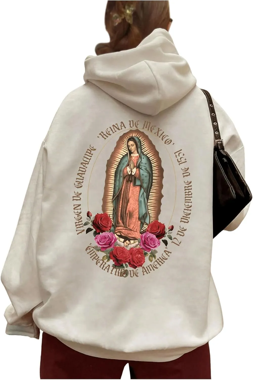 SHENHE Women's Graphic Loose Fit Virgin Mary Print Drawstring Hoodie Sweatshirt Pullover