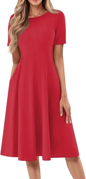 Shirt Dresses for Women Midi Ruched Summer Short Sleeve Crewneck Dress Cocktail A Line Dresses with Side Pocket Dress
