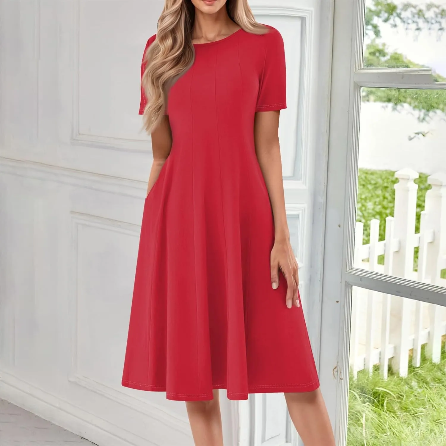Shirt Dresses for Women Midi Ruched Summer Short Sleeve Crewneck Dress Cocktail A Line Dresses with Side Pocket Dress