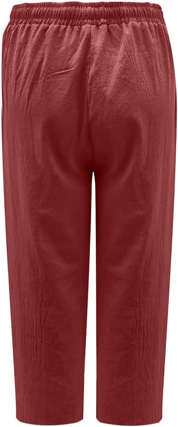 SMIDOW Cotton Linen Wide Leg Pants for Women Casual Summer Drawstring Elastic Waist Capris Loose Cropped Trouser with Pockets