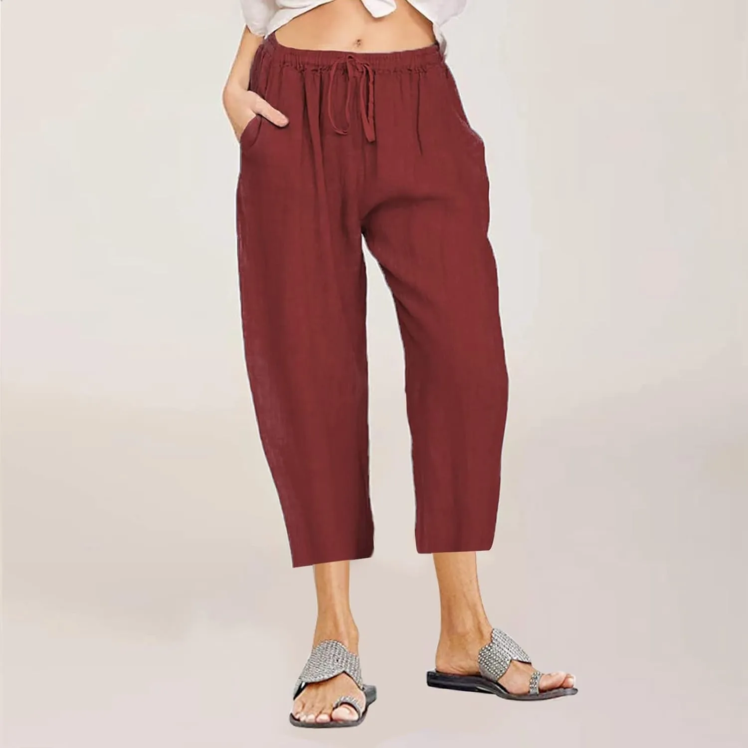 SMIDOW Cotton Linen Wide Leg Pants for Women Casual Summer Drawstring Elastic Waist Capris Loose Cropped Trouser with Pockets