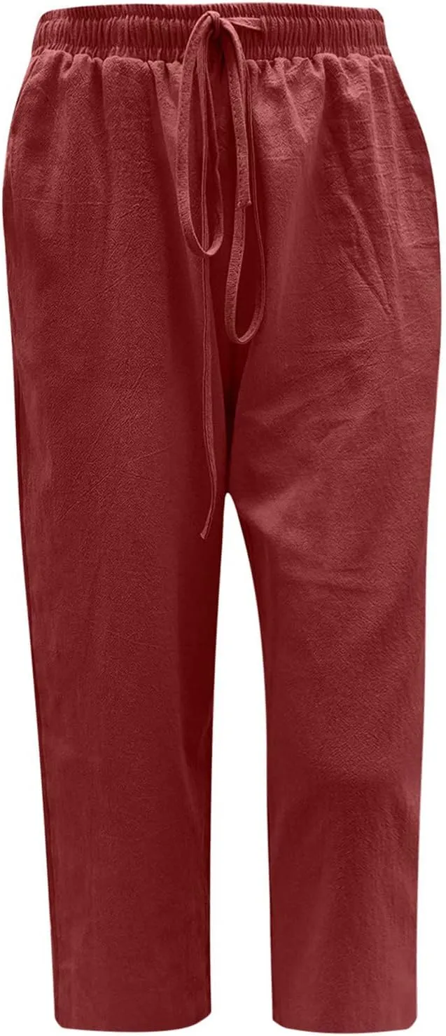SMIDOW Cotton Linen Wide Leg Pants for Women Casual Summer Drawstring Elastic Waist Capris Loose Cropped Trouser with Pockets