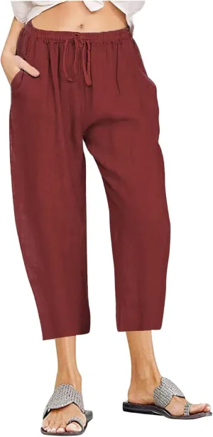 SMIDOW Cotton Linen Wide Leg Pants for Women Casual Summer Drawstring Elastic Waist Capris Loose Cropped Trouser with Pockets