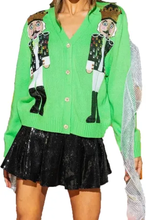 SOLILOQUY Women's Adult Red Christmas Sequin Nutcracker V-Neck Button Down Knitted Cardigan Sweater