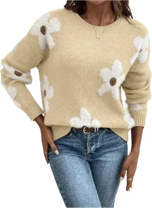 SOLY HUX Women's Floral Sweaters 2024 Fall Winter Crew Neck Pullover Tops Long Sleeve Casual Loose Sweater Knit