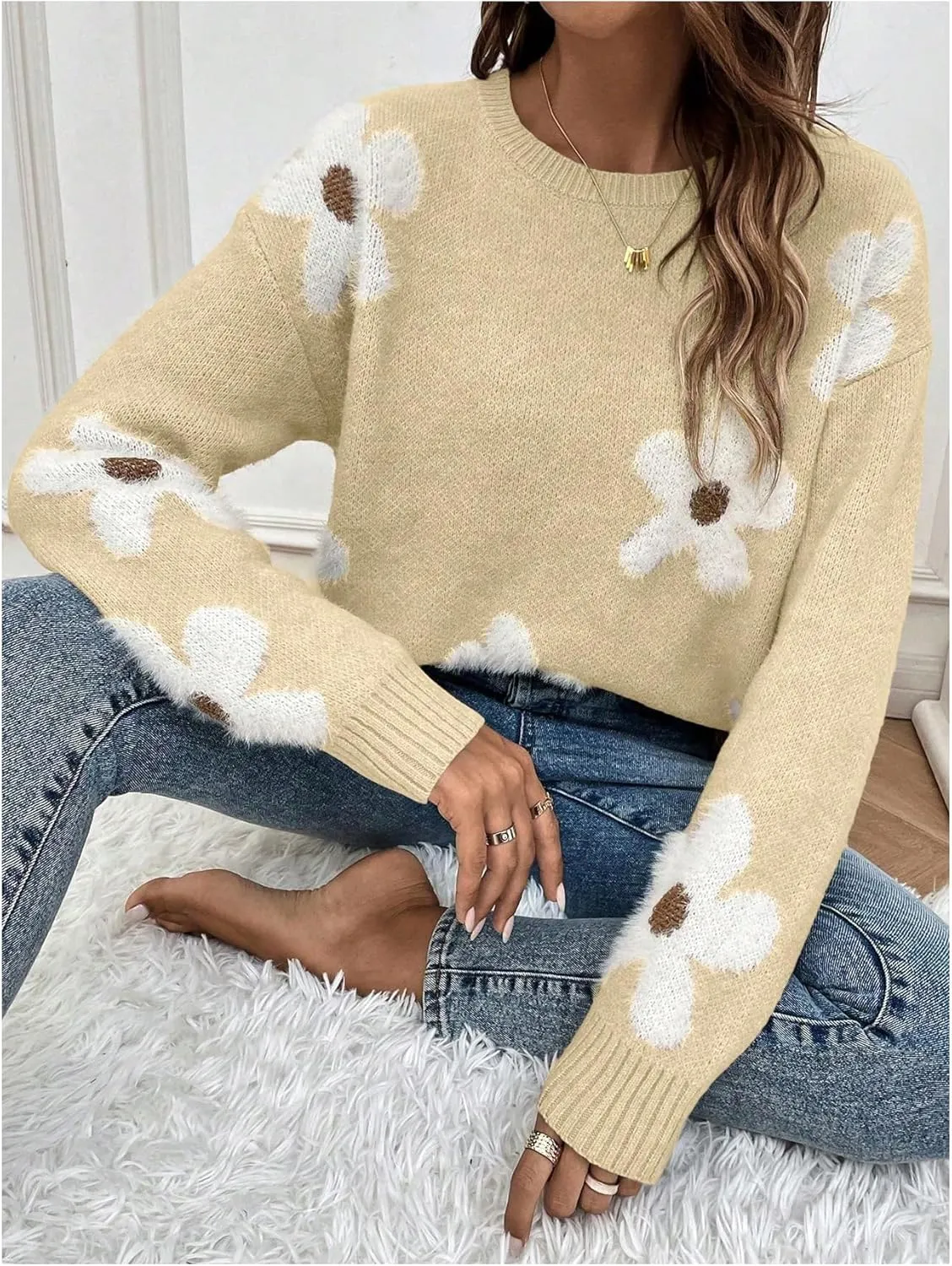 SOLY HUX Women's Floral Sweaters 2024 Fall Winter Crew Neck Pullover Tops Long Sleeve Casual Loose Sweater Knit