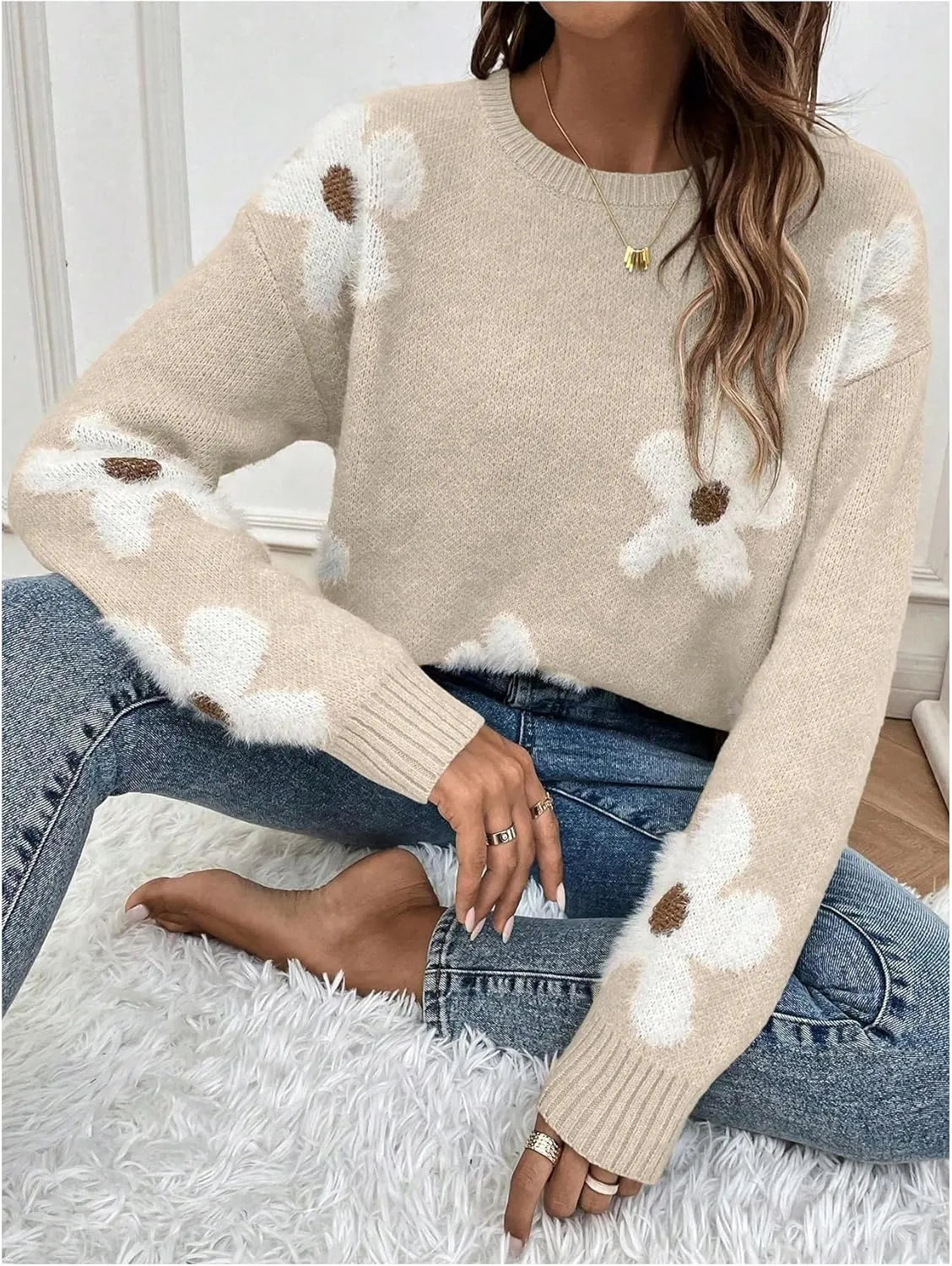 SOLY HUX Women's Floral Sweaters 2024 Fall Winter Crew Neck Pullover Tops Long Sleeve Casual Loose Sweater Knit