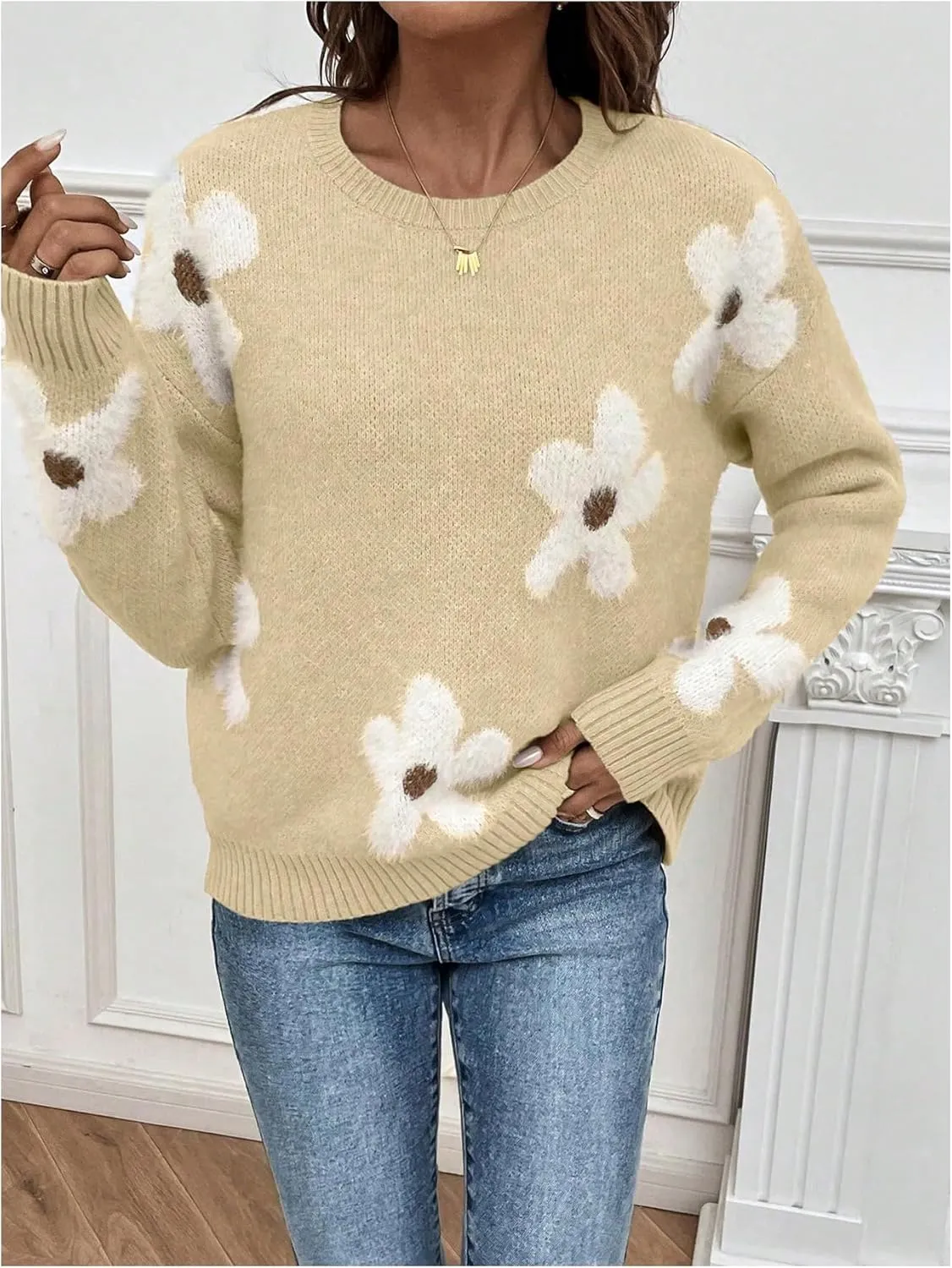 SOLY HUX Women's Floral Sweaters 2024 Fall Winter Crew Neck Pullover Tops Long Sleeve Casual Loose Sweater Knit