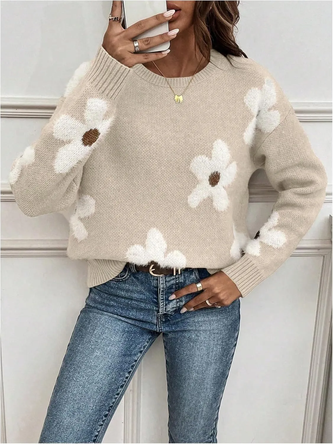 SOLY HUX Women's Floral Sweaters 2024 Fall Winter Crew Neck Pullover Tops Long Sleeve Casual Loose Sweater Knit