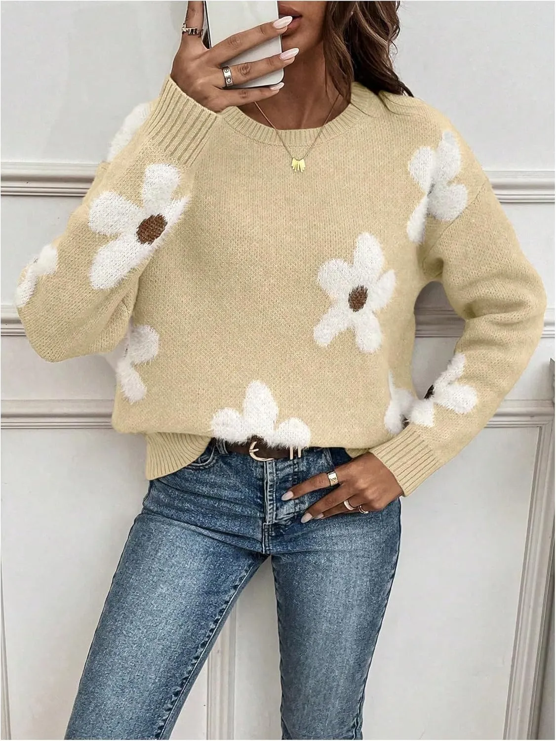 SOLY HUX Women's Floral Sweaters 2024 Fall Winter Crew Neck Pullover Tops Long Sleeve Casual Loose Sweater Knit