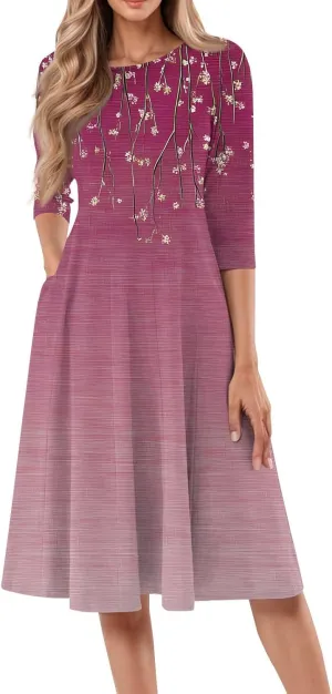 Spring Dresses for Women 2025 3/4 Sleeve Round Neck Church Dresses Pleated Knee Length Dress with Pockets Curvy Dress