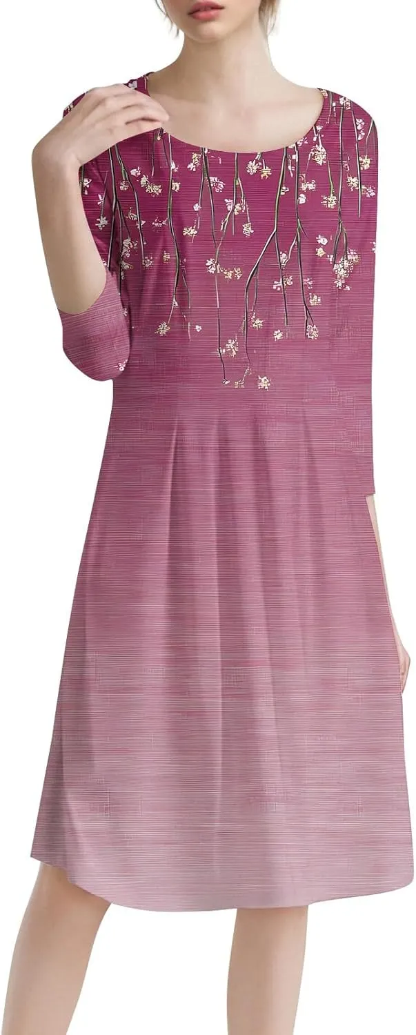 Spring Dresses for Women 2025 3/4 Sleeve Round Neck Church Dresses Pleated Knee Length Dress with Pockets Curvy Dress
