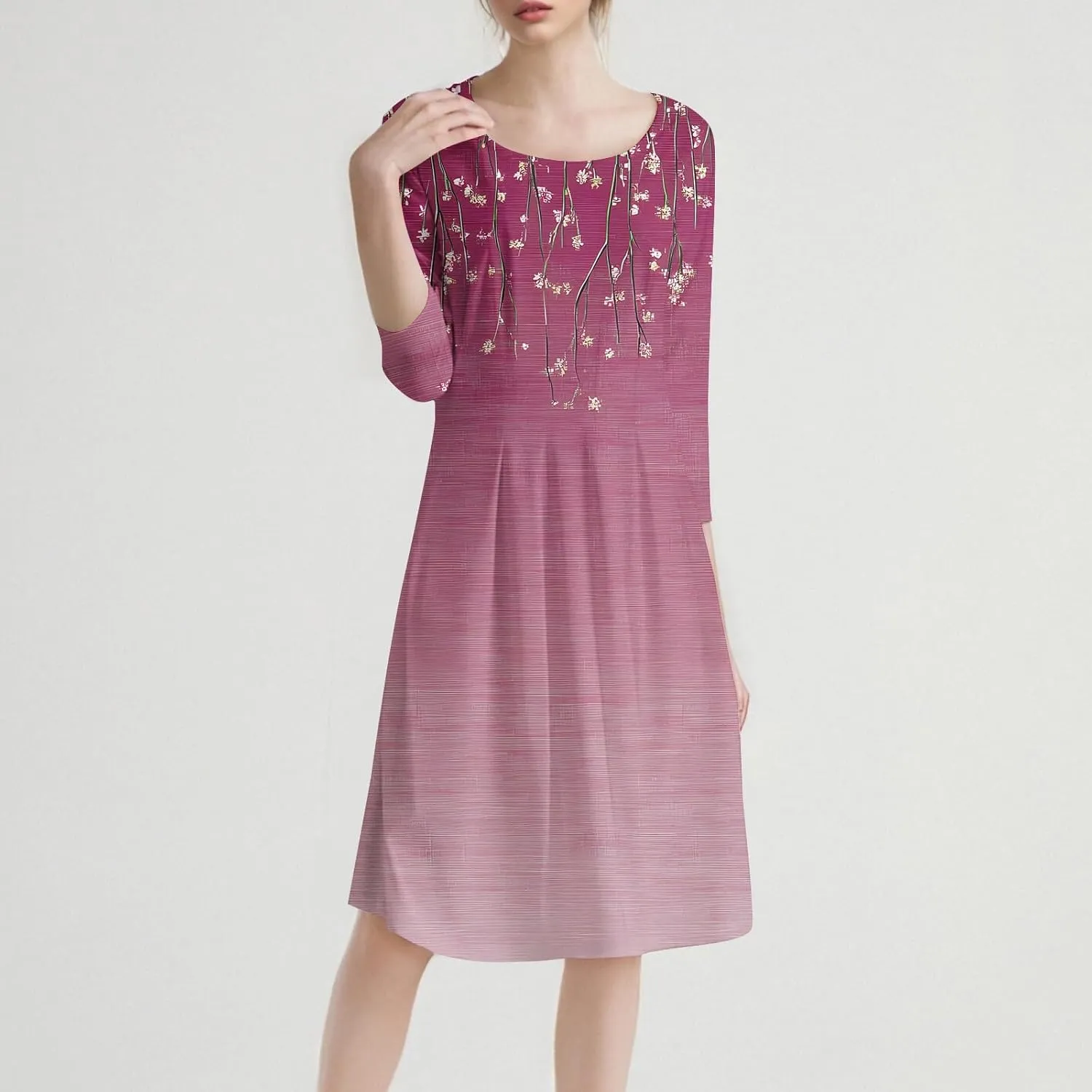 Spring Dresses for Women 2025 3/4 Sleeve Round Neck Church Dresses Pleated Knee Length Dress with Pockets Curvy Dress