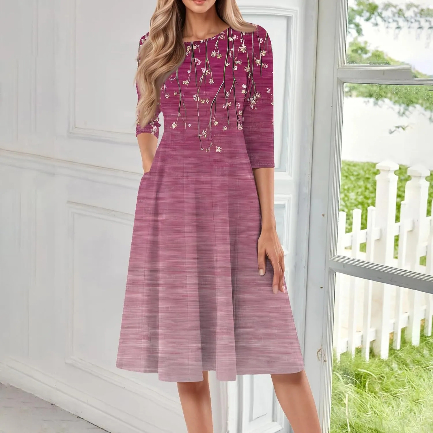 Spring Dresses for Women 2025 3/4 Sleeve Round Neck Church Dresses Pleated Knee Length Dress with Pockets Curvy Dress