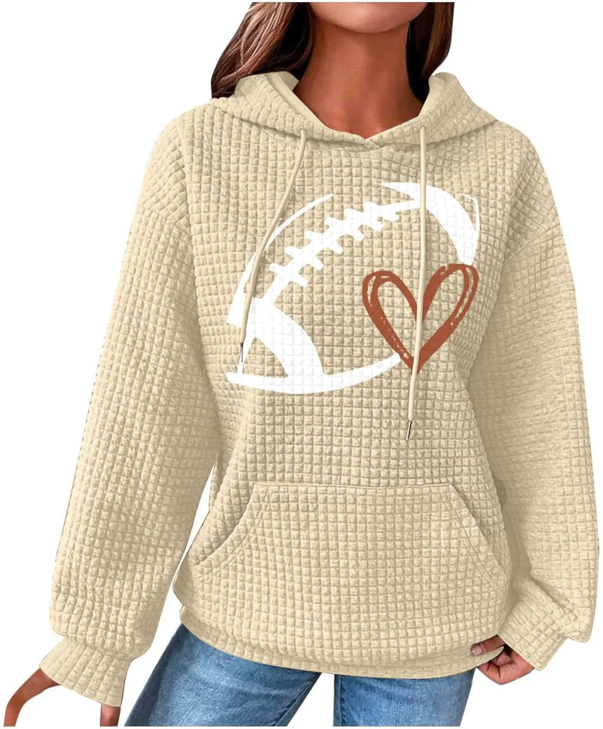Stessotudo Womens Waffle Knit Hoodies Casual Long Sleeve Cute Football Print Sweatshirts Drawstring Trendy Pullover Tops 2023