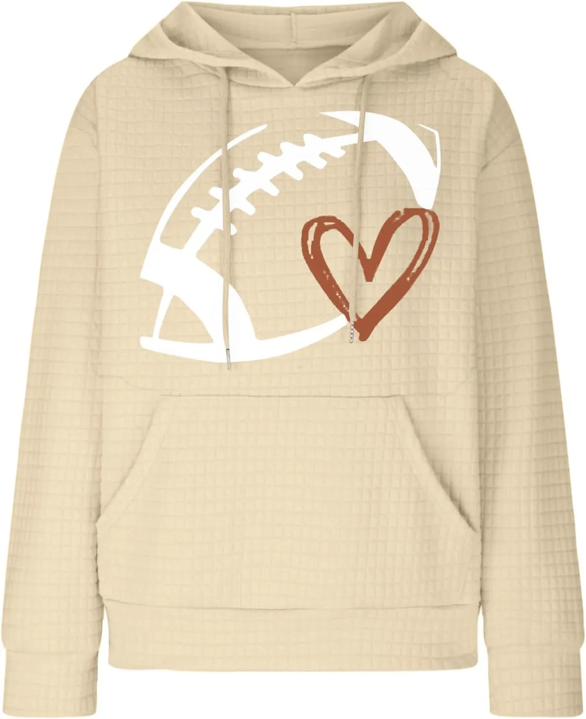 Stessotudo Womens Waffle Knit Hoodies Casual Long Sleeve Cute Football Print Sweatshirts Drawstring Trendy Pullover Tops 2023