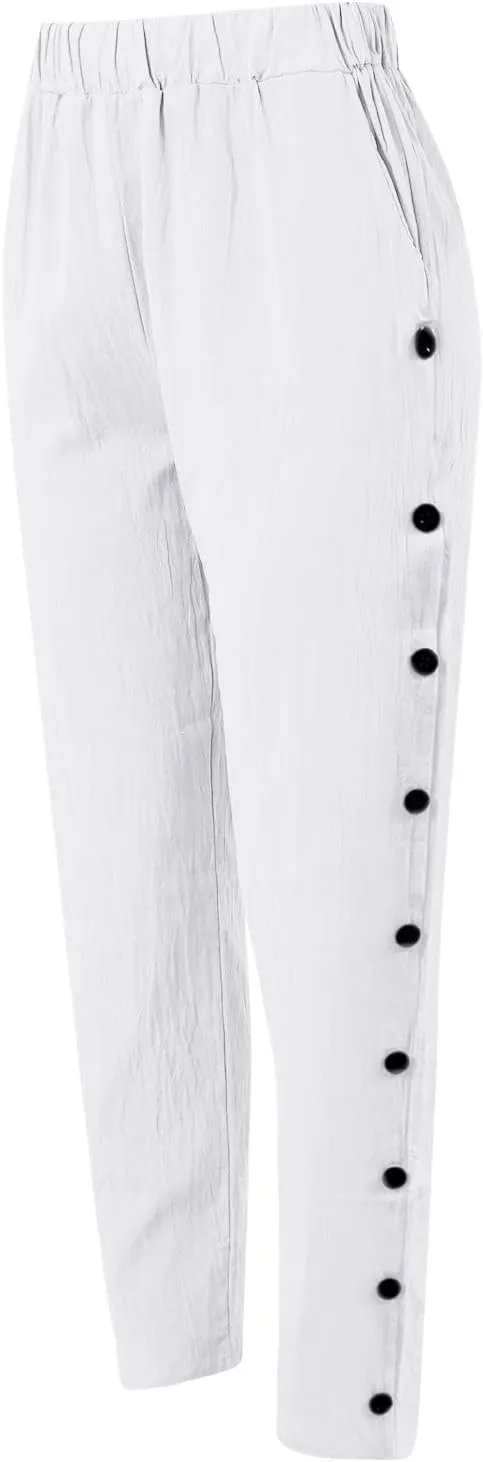 Striped Linen Pants for Women Wide Straight Leg Side Button Pants Womens Baggy Elastic Waist Trousers with Pockets