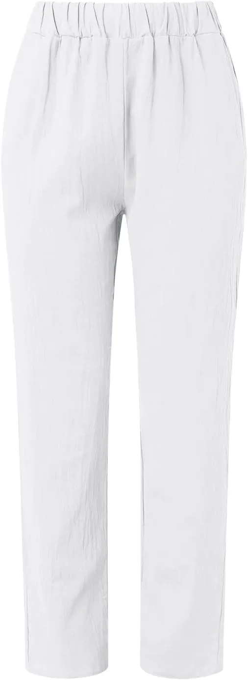 Striped Linen Pants for Women Wide Straight Leg Side Button Pants Womens Baggy Elastic Waist Trousers with Pockets
