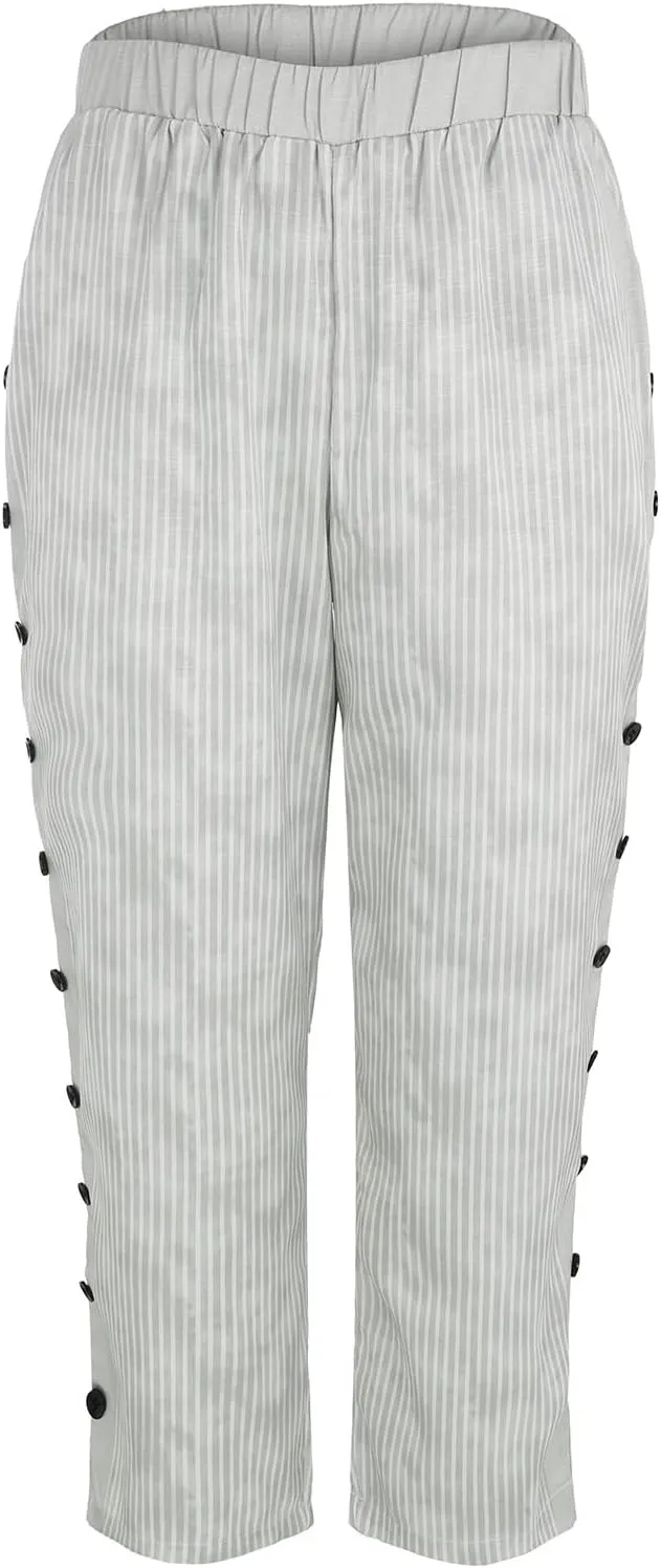 Striped Linen Pants for Women Wide Straight Leg Side Button Pants Womens Baggy Elastic Waist Trousers with Pockets