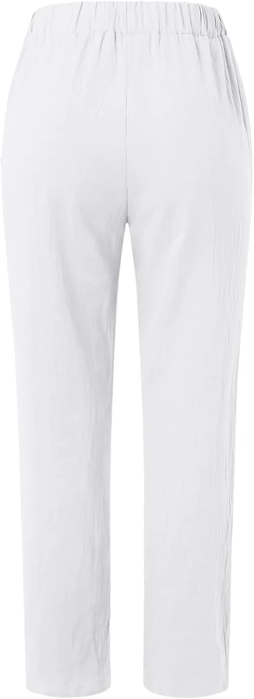 Striped Linen Pants for Women Wide Straight Leg Side Button Pants Womens Baggy Elastic Waist Trousers with Pockets