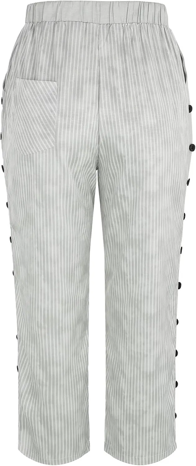 Striped Linen Pants for Women Wide Straight Leg Side Button Pants Womens Baggy Elastic Waist Trousers with Pockets