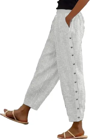 Striped Linen Pants for Women Wide Straight Leg Side Button Pants Womens Baggy Elastic Waist Trousers with Pockets