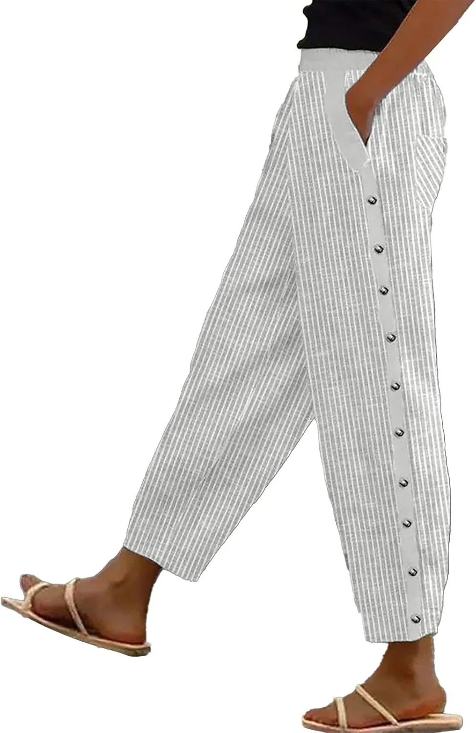 Striped Linen Pants for Women Wide Straight Leg Side Button Pants Womens Baggy Elastic Waist Trousers with Pockets