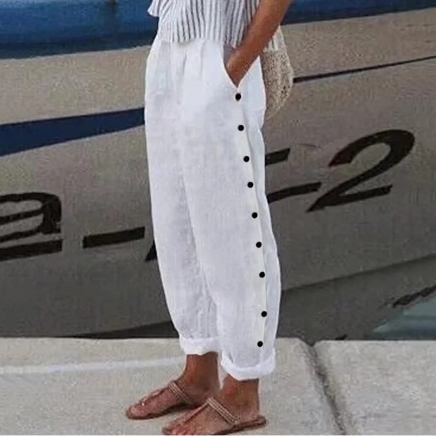 Striped Linen Pants for Women Wide Straight Leg Side Button Pants Womens Baggy Elastic Waist Trousers with Pockets