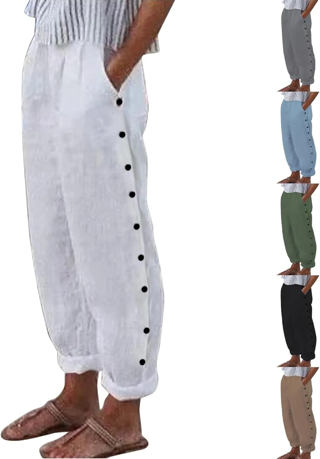 Striped Linen Pants for Women Wide Straight Leg Side Button Pants Womens Baggy Elastic Waist Trousers with Pockets