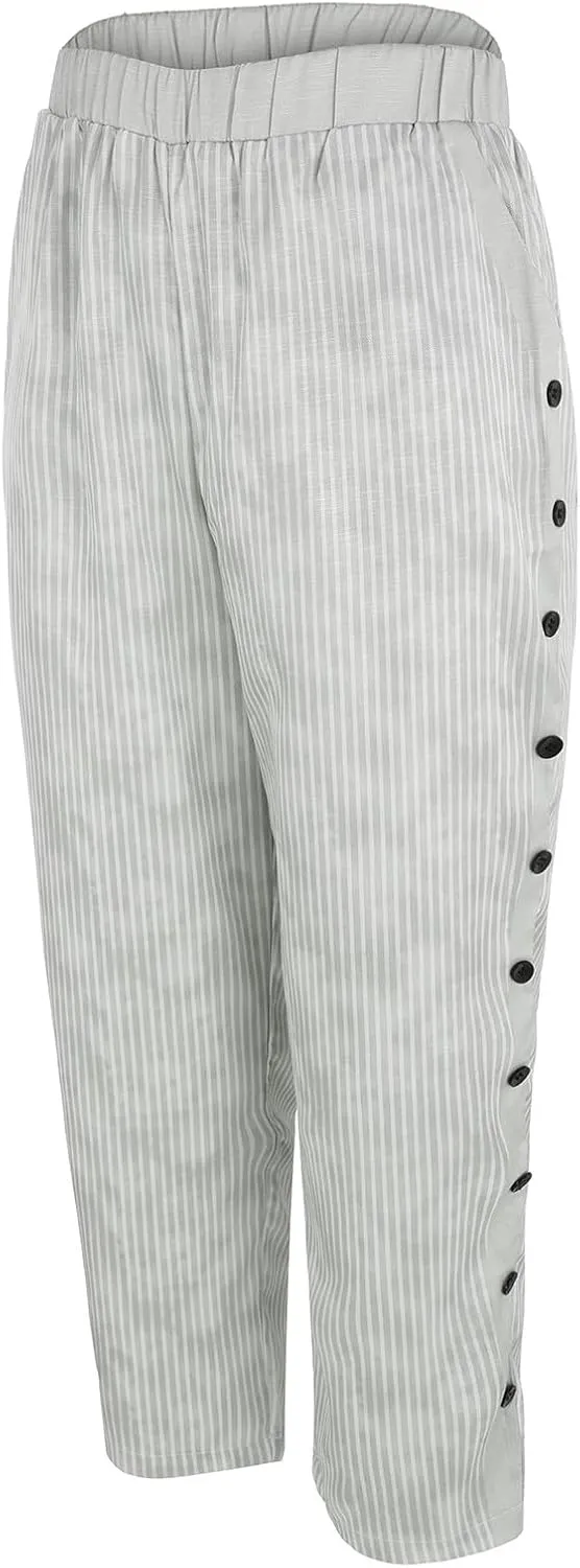 Striped Linen Pants for Women Wide Straight Leg Side Button Pants Womens Baggy Elastic Waist Trousers with Pockets