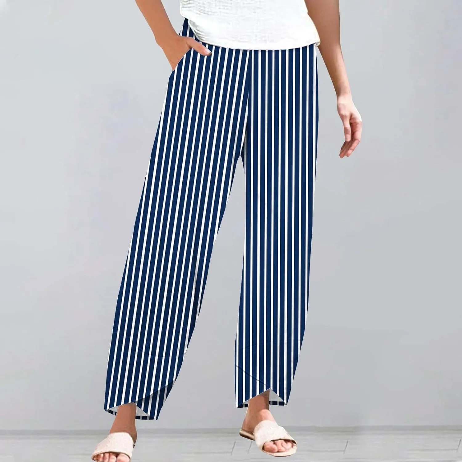 Striped Linen Pants Women 2025 Plus Size Wide Leg Cropped Pants Summer High Waist Lightweight Trousers with Pockets