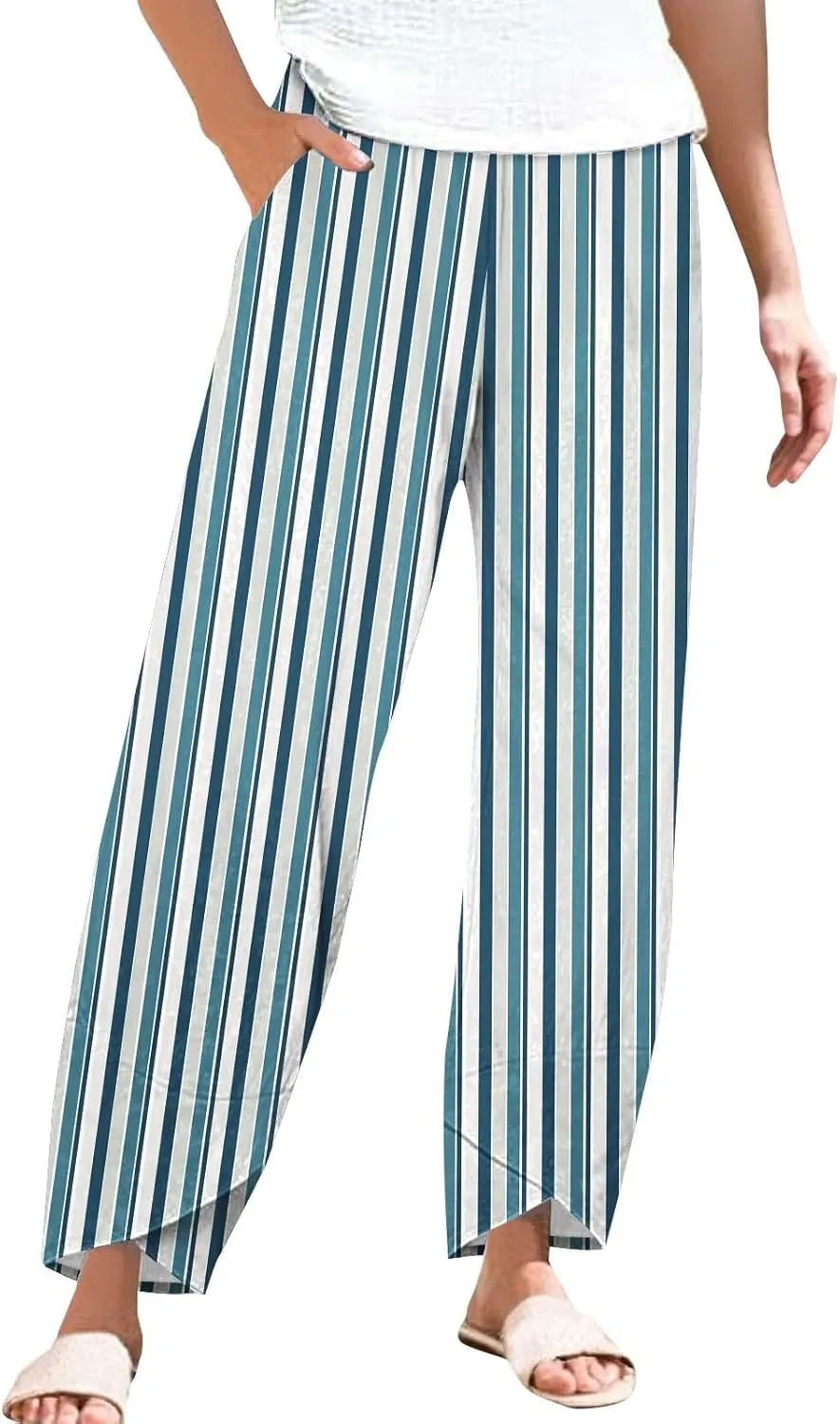 Striped Linen Pants Women 2025 Plus Size Wide Leg Cropped Pants Summer High Waist Lightweight Trousers with Pockets