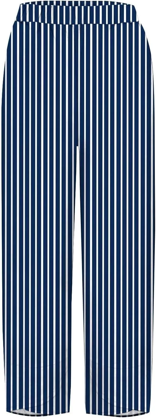 Striped Linen Pants Women 2025 Plus Size Wide Leg Cropped Pants Summer High Waist Lightweight Trousers with Pockets