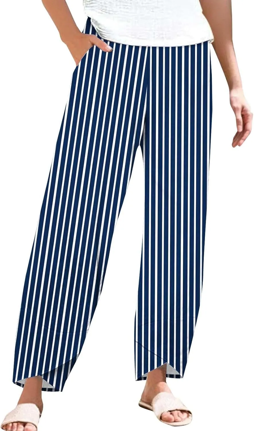 Striped Linen Pants Women 2025 Plus Size Wide Leg Cropped Pants Summer High Waist Lightweight Trousers with Pockets