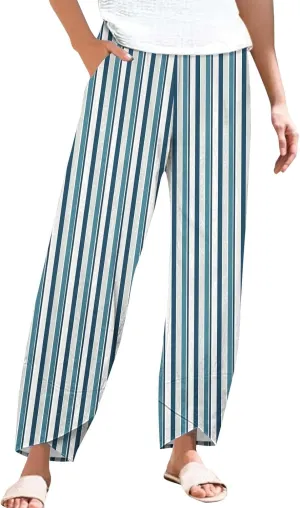 Striped Linen Pants Women 2025 Plus Size Wide Leg Cropped Pants Summer High Waist Lightweight Trousers with Pockets
