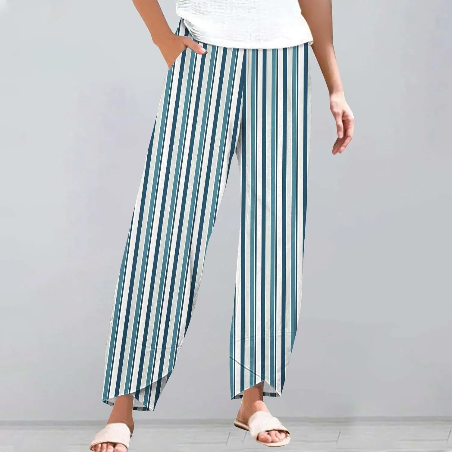 Striped Linen Pants Women 2025 Plus Size Wide Leg Cropped Pants Summer High Waist Lightweight Trousers with Pockets