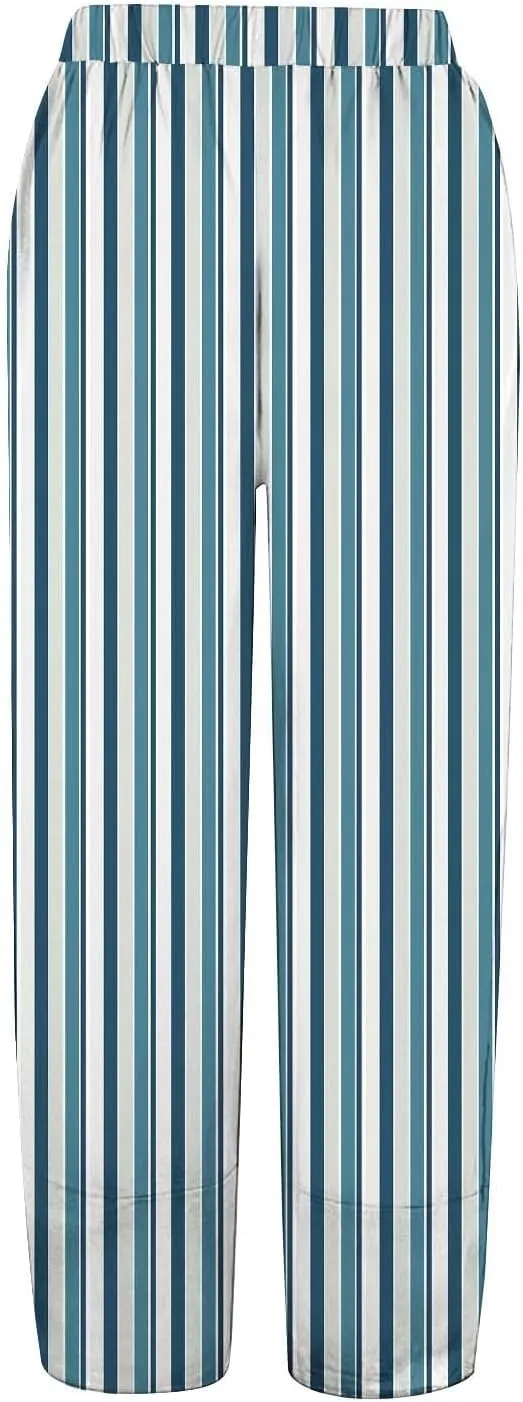 Striped Linen Pants Women 2025 Plus Size Wide Leg Cropped Pants Summer High Waist Lightweight Trousers with Pockets