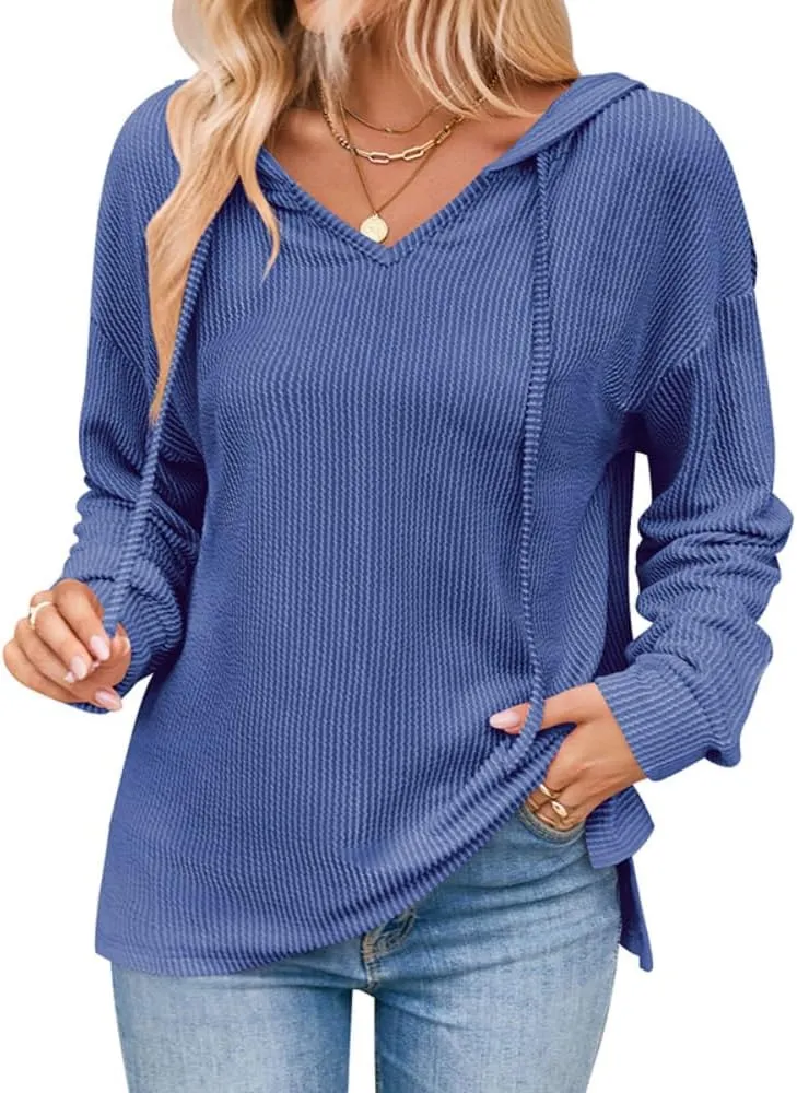 Sumleno 2025 Oversized Hoodies for Women Casual V-Neck Solid Color Long Sleeve Drawstring Sweatshirts Knitted Pullover Tops