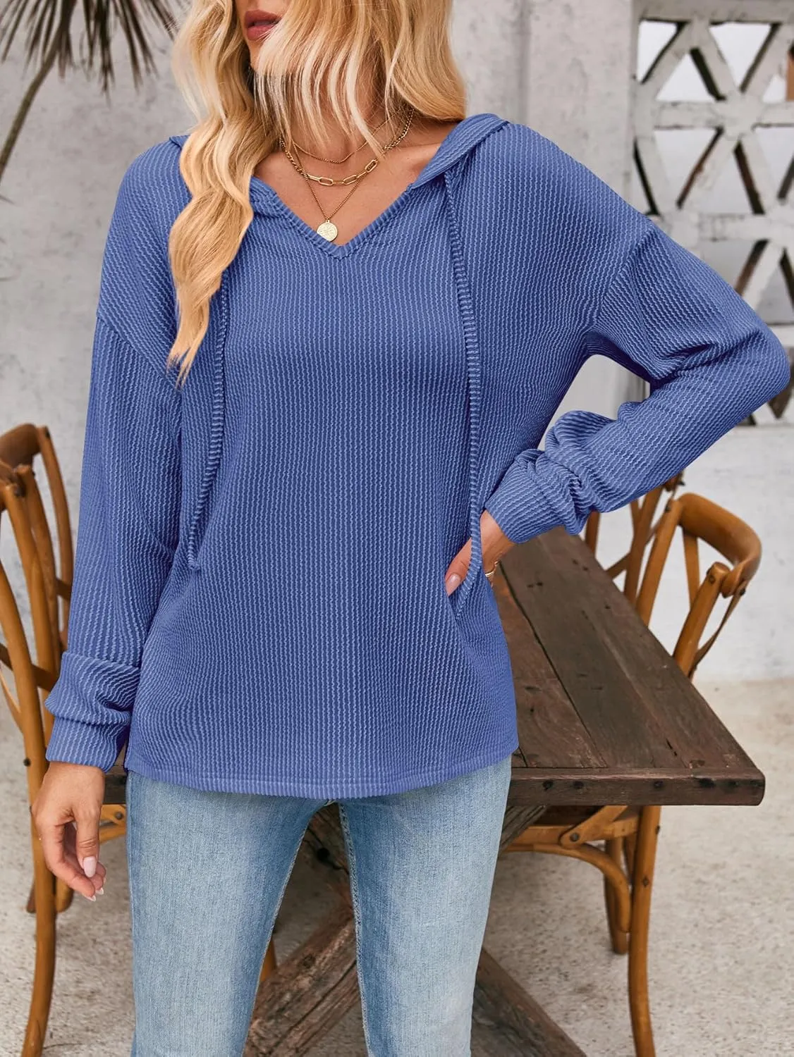 Sumleno 2025 Oversized Hoodies for Women Casual V-Neck Solid Color Long Sleeve Drawstring Sweatshirts Knitted Pullover Tops