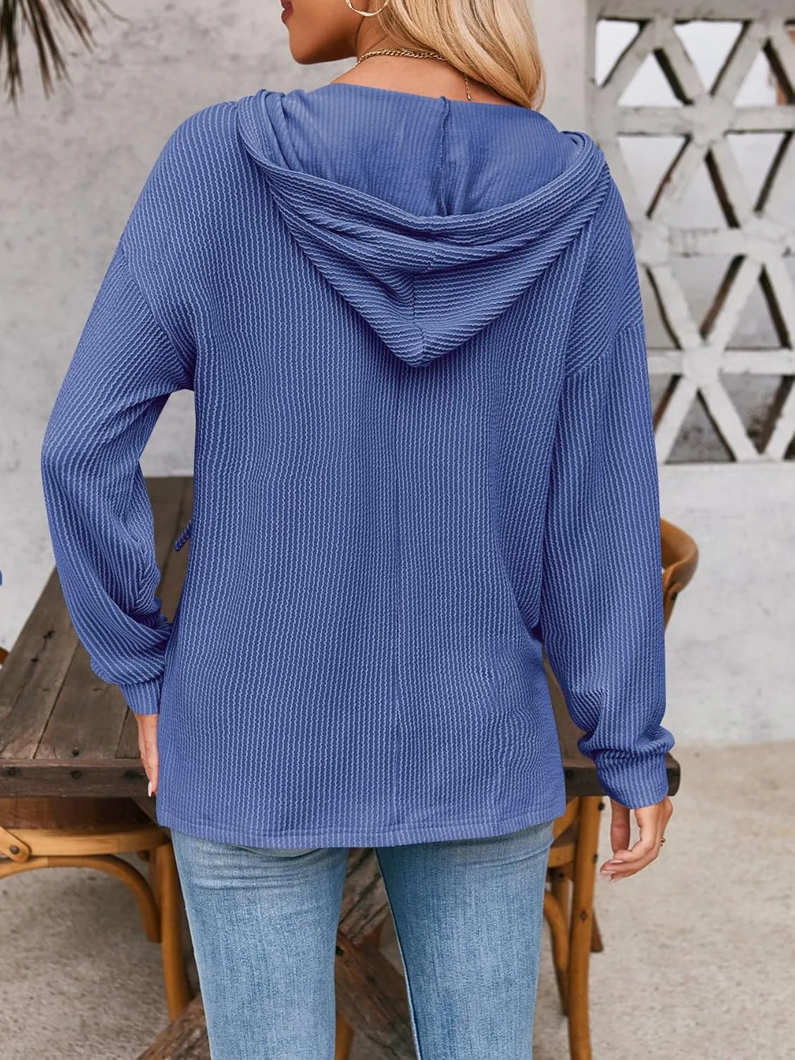 Sumleno 2025 Oversized Hoodies for Women Casual V-Neck Solid Color Long Sleeve Drawstring Sweatshirts Knitted Pullover Tops