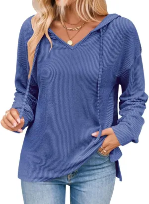 Sumleno 2025 Oversized Hoodies for Women Casual V-Neck Solid Color Long Sleeve Drawstring Sweatshirts Knitted Pullover Tops