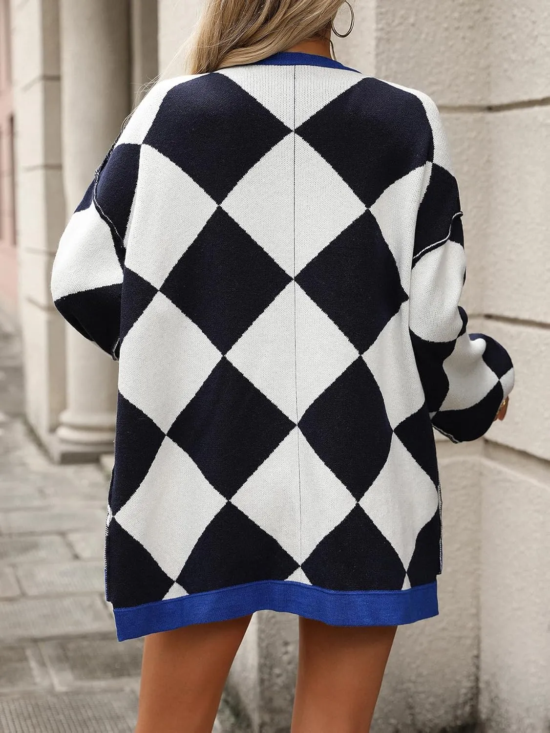 Sumleno Women Argyle Preppy Cardigan Sweaters Long Sleeve Button Open Front Oversized Knit Tops Fall Winter Y2k Outfits