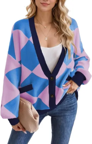 Sumleno Women Y2k Aesthetic Cardigan Sweaters Argyle Long Sleeve Open Front Knit Outerwear Trendy Oversized Fall Tops