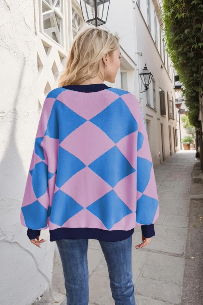 Sumleno Women Y2k Aesthetic Cardigan Sweaters Argyle Long Sleeve Open Front Knit Outerwear Trendy Oversized Fall Tops