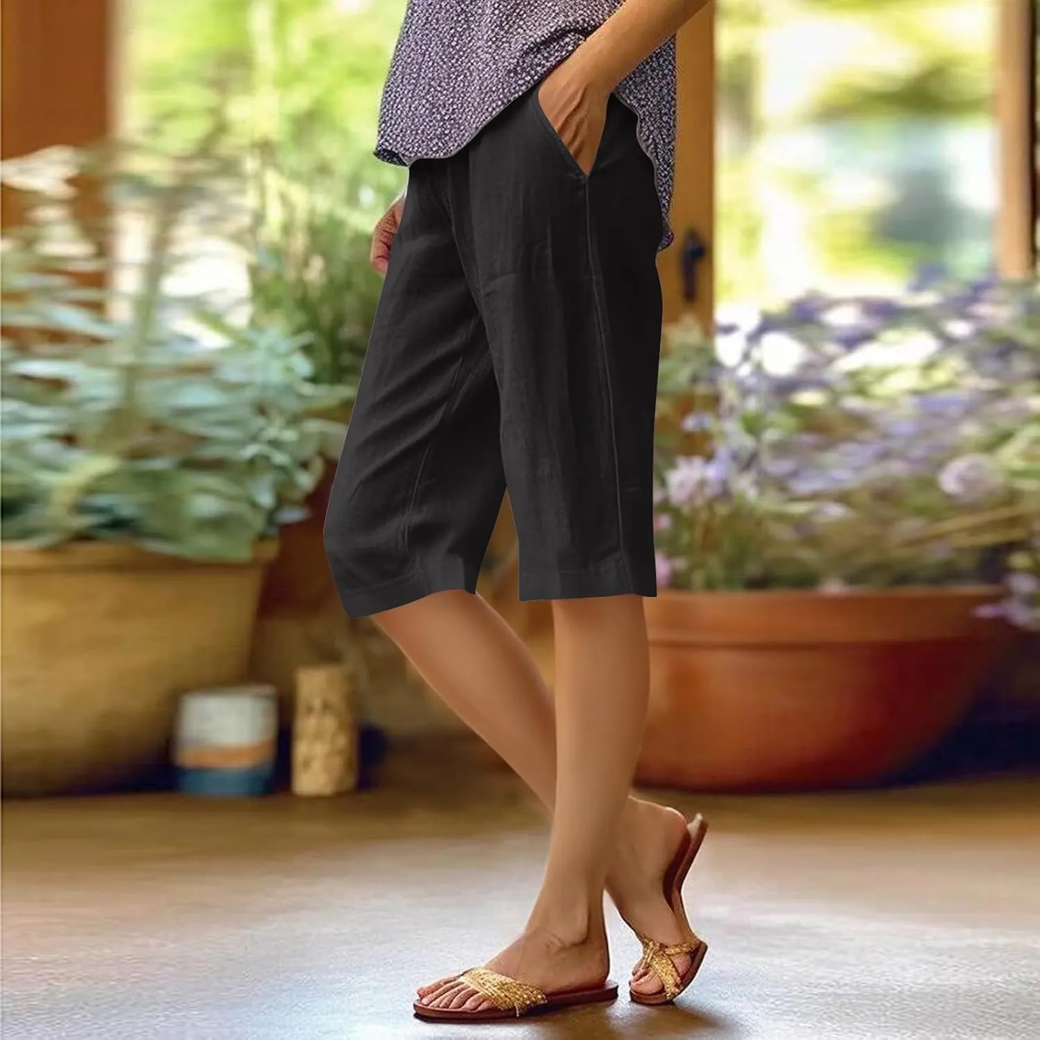Summer Bermuda Shorts for Women Knee Length 2024 Trendy Linen Shorts Lightweight Casual Beach Short Pants w/Pockets
