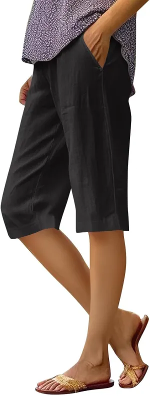 Summer Bermuda Shorts for Women Knee Length 2024 Trendy Linen Shorts Lightweight Casual Beach Short Pants w/Pockets