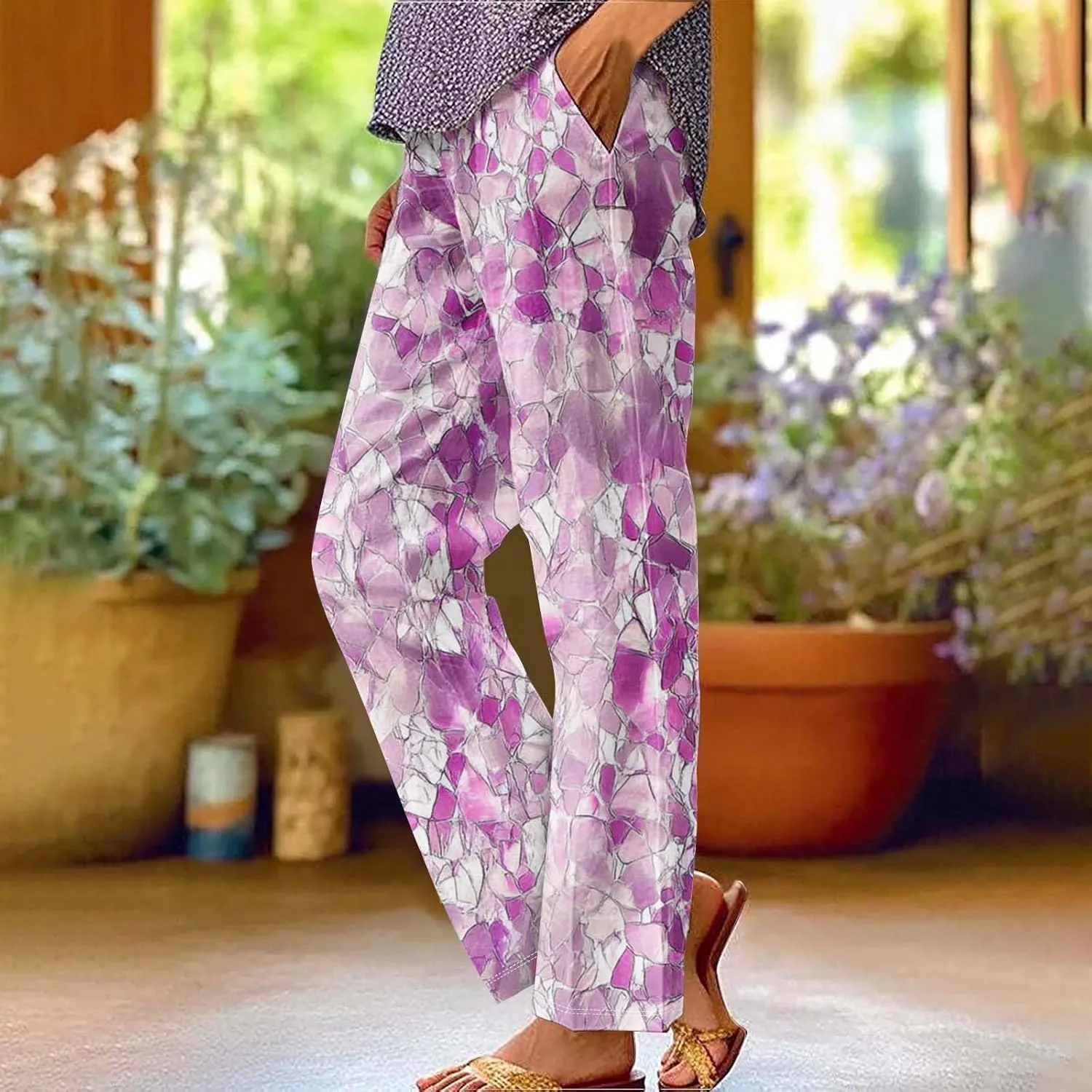 Summer Boho Cotton Linen Casual Pants for Women, Fashion Print Baggy Palazzo Pants Elastic Waist Pockets Trousers