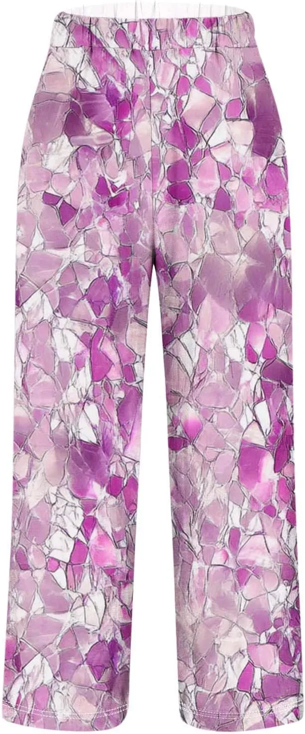 Summer Boho Cotton Linen Casual Pants for Women, Fashion Print Baggy Palazzo Pants Elastic Waist Pockets Trousers