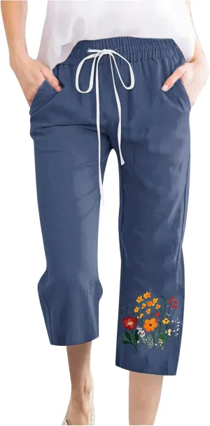 Summer Floral Print Cotton Linen Capri Pants for Women, Drawstring Tie Loose Sweatpants Comfy Casual Pockets Trousers