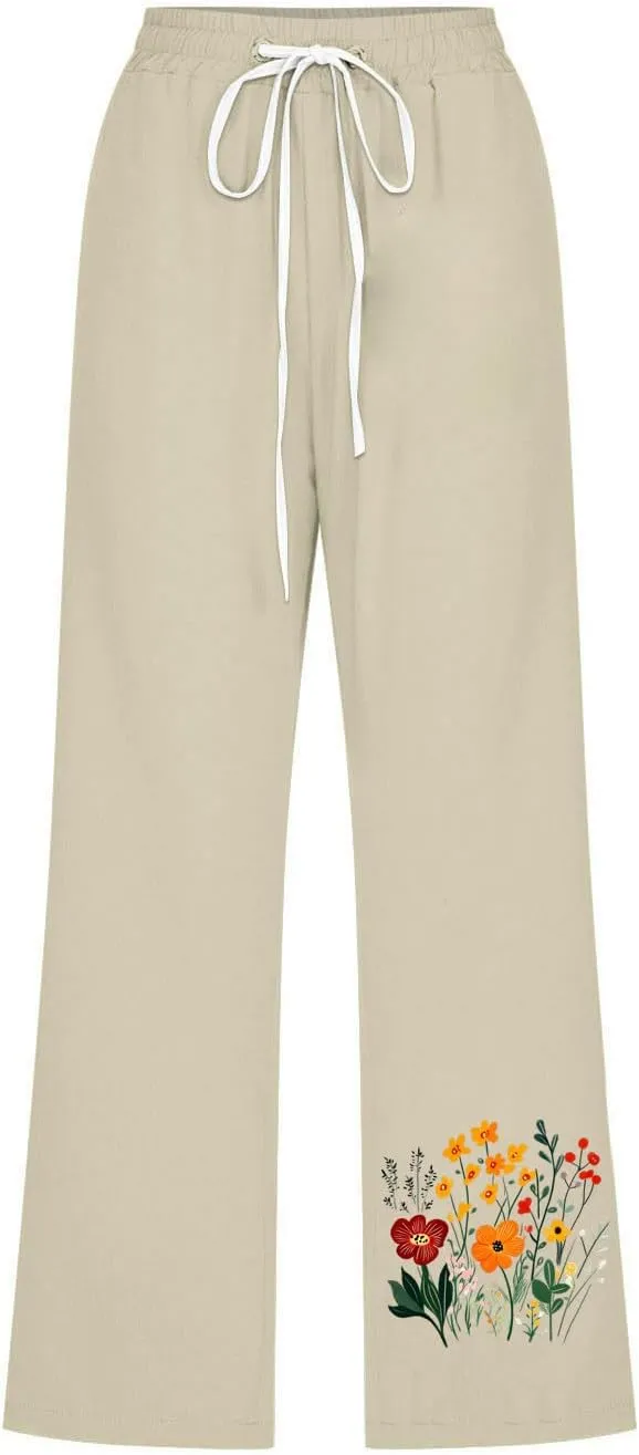 Summer Floral Print Cotton Linen Capri Pants for Women, Drawstring Tie Loose Sweatpants Comfy Casual Pockets Trousers